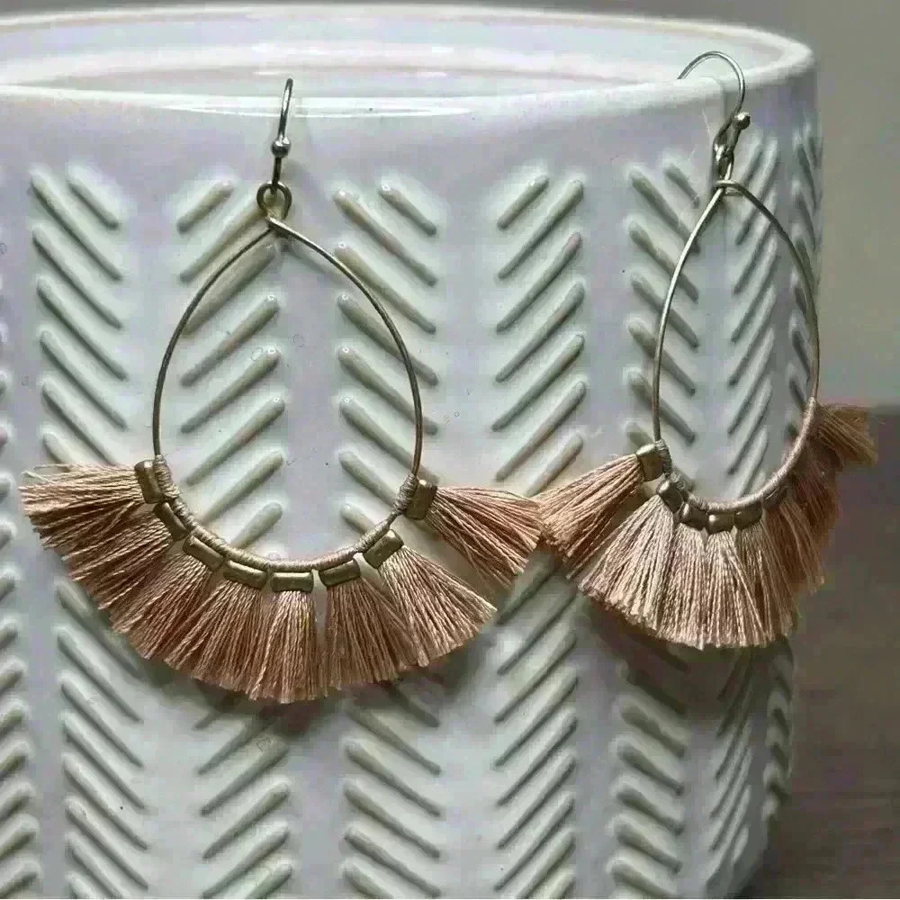 Gold Tone Pale Pink Tassel Earrings